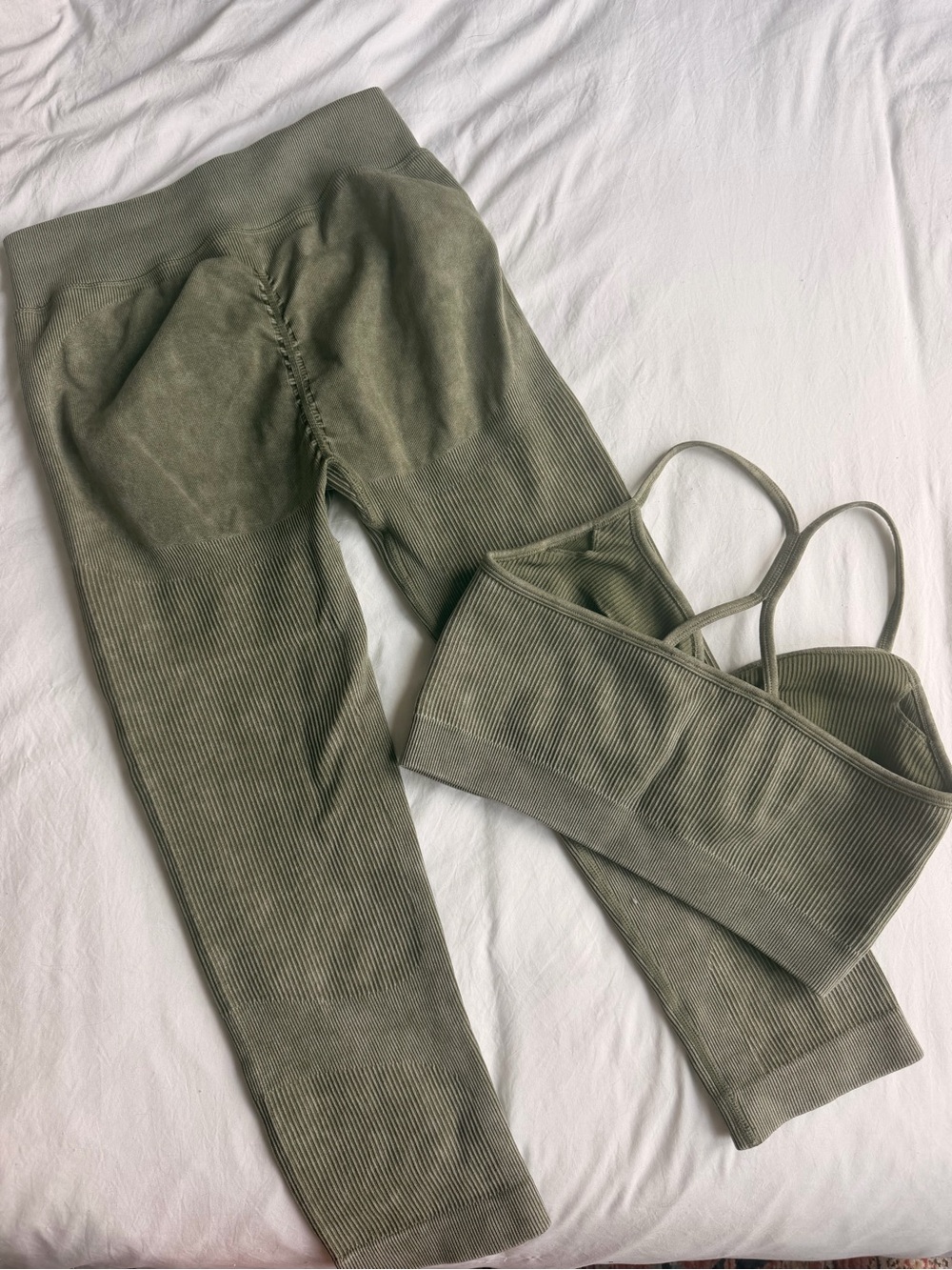 Oh Polly Olive Ribbed Seamless Leggings & Ruched Bralette Set - Picture 2 of 2